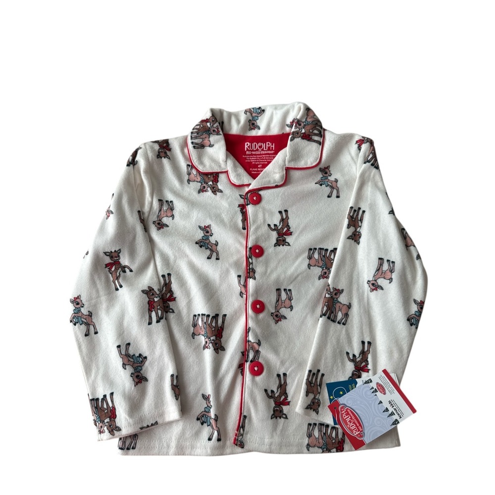 Rudolph Kids Flannel Pajama Set Reindeer Print Cream Holiday Sleepwear 4T NWT
